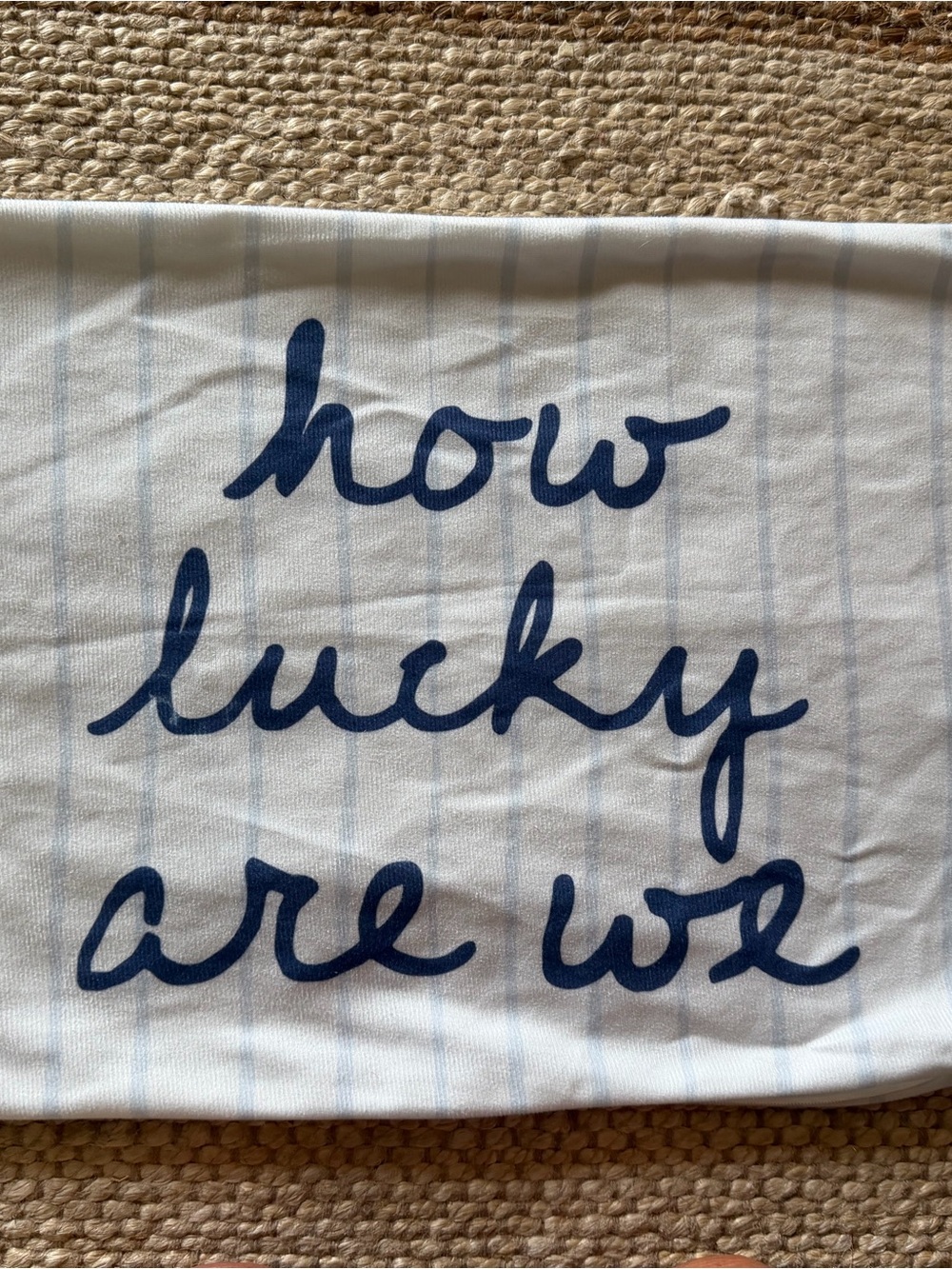 How Lucky Are We Blue Script Cotton Bath Towel